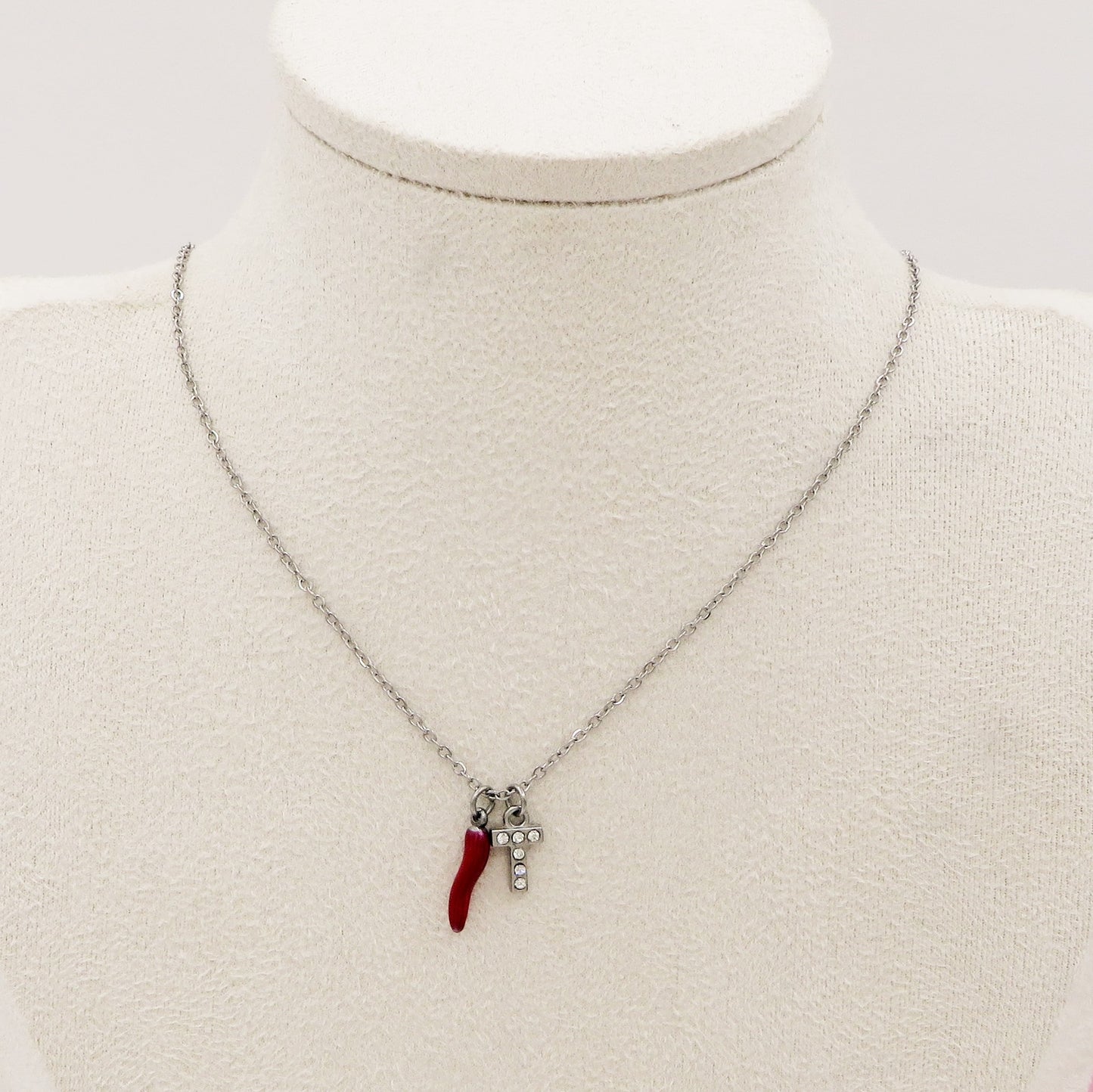 LUCKY INITIAL - Collana Corno + MINI INIZIALE Zirconata in Acciaio inossidabile