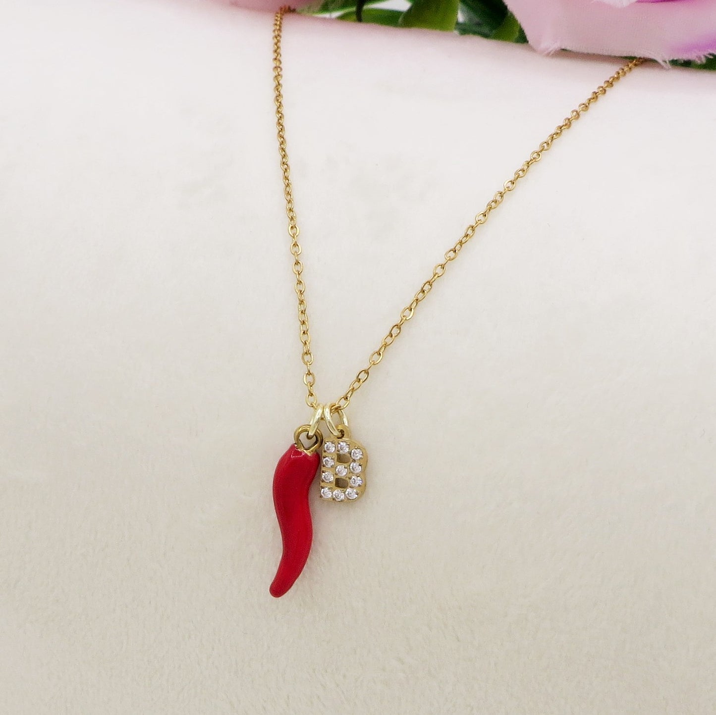 LUCKY INITIAL - Collana Corno + MINI INIZIALE Zirconata in Acciaio inossidabile