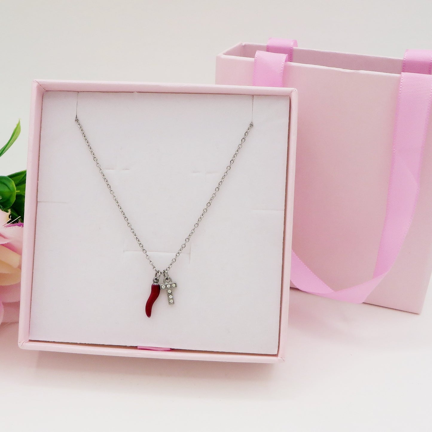 LUCKY INITIAL - Collana Corno + MINI INIZIALE Zirconata in Acciaio inossidabile