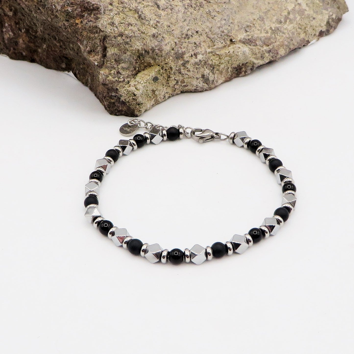 Bracciale uomo perle nere e ACCIAIO INOSSIDABILE