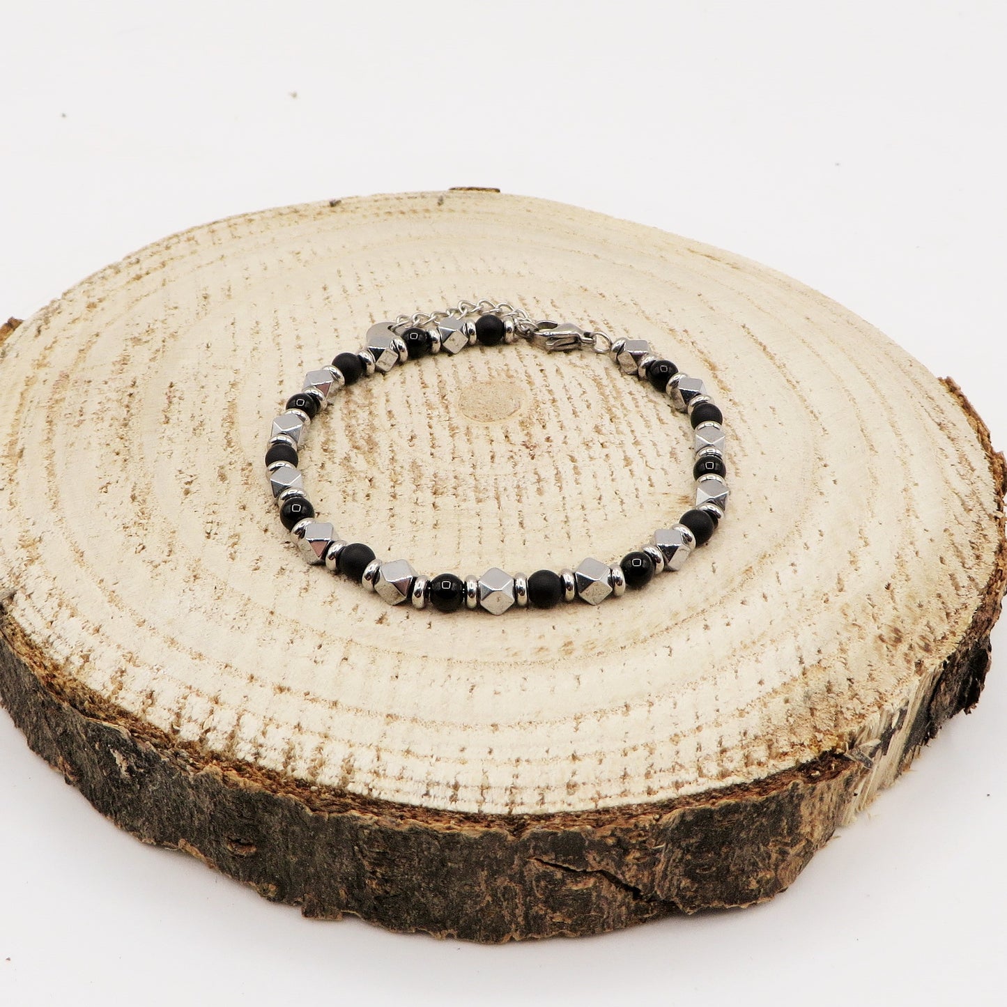 Bracciale uomo perle nere e ACCIAIO INOSSIDABILE