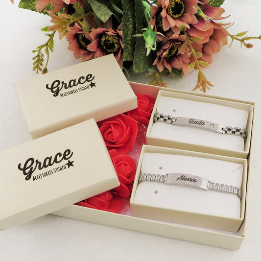 SET " YOU & ME " ~ 2 BRACCIALI lui e lei in acciaio inossidabile con INCISIONE PERSONALIZZATA