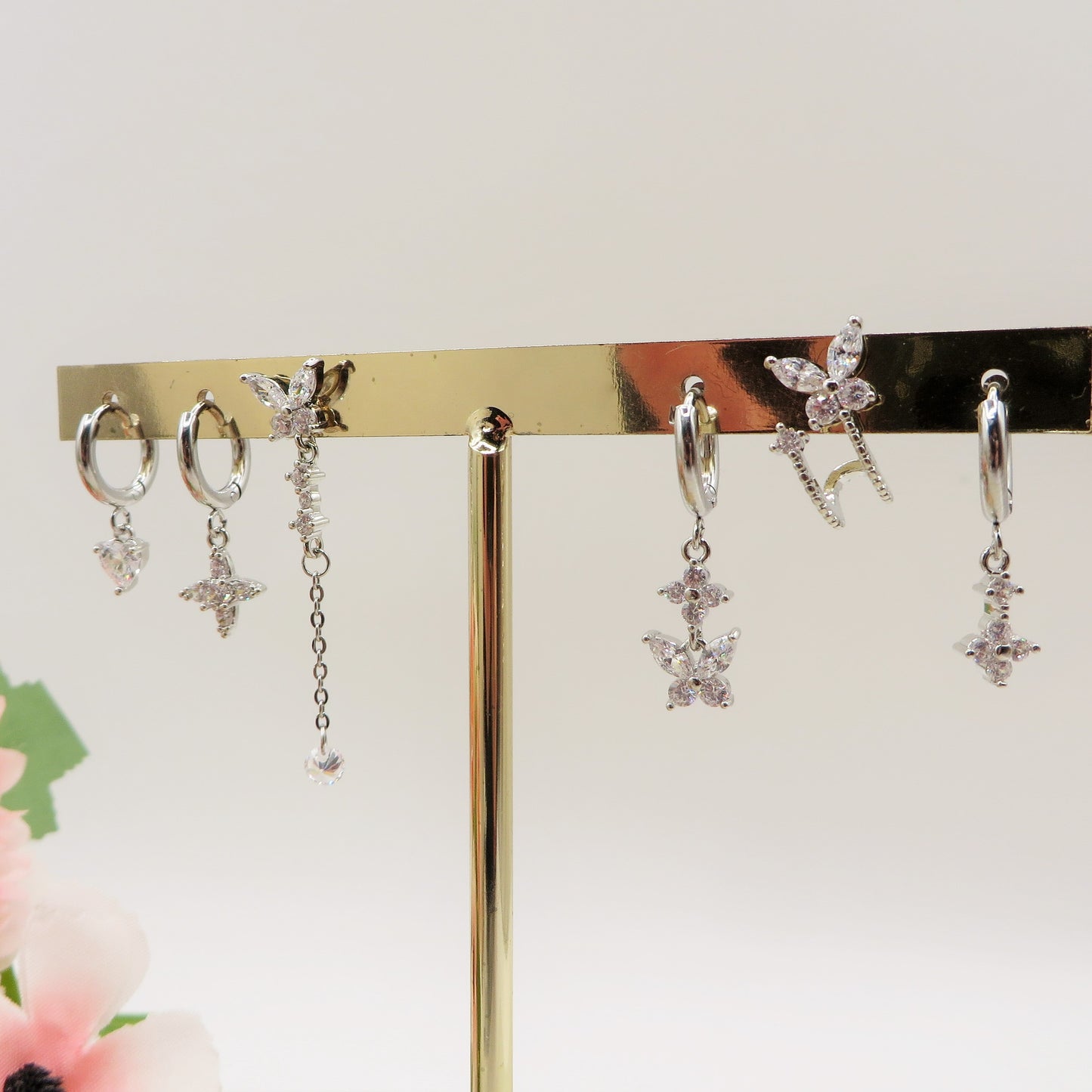 BUTTERFLY Set 6 orecchini GOLD - ACCIAIO INOSSIDABILE - 6 Orecchini pendenti con cubic zirconia