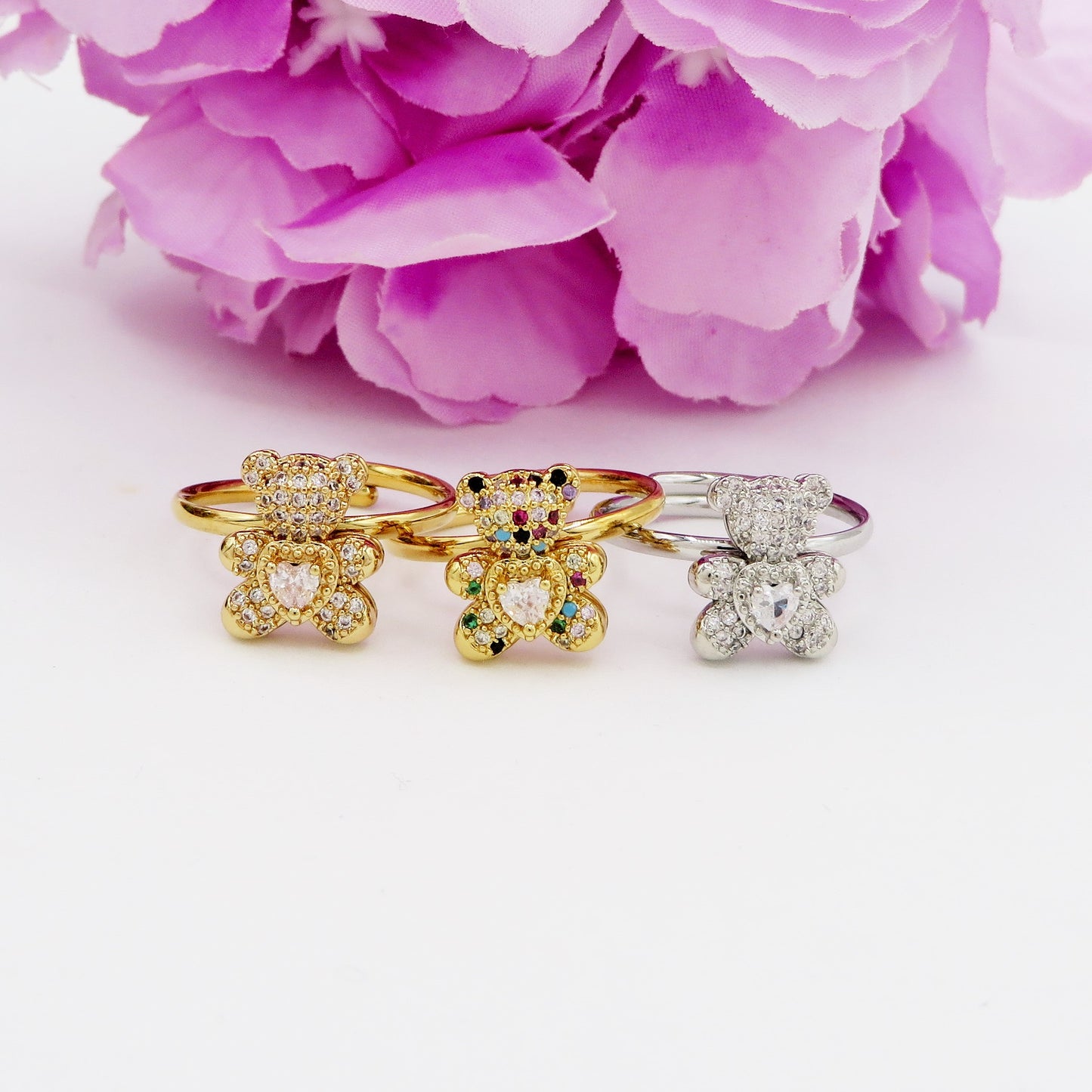 TEDDY CRYSTAL - Anello orsetto zirconato regolabile in ACCIAIO inossidabile con cubic zirconia