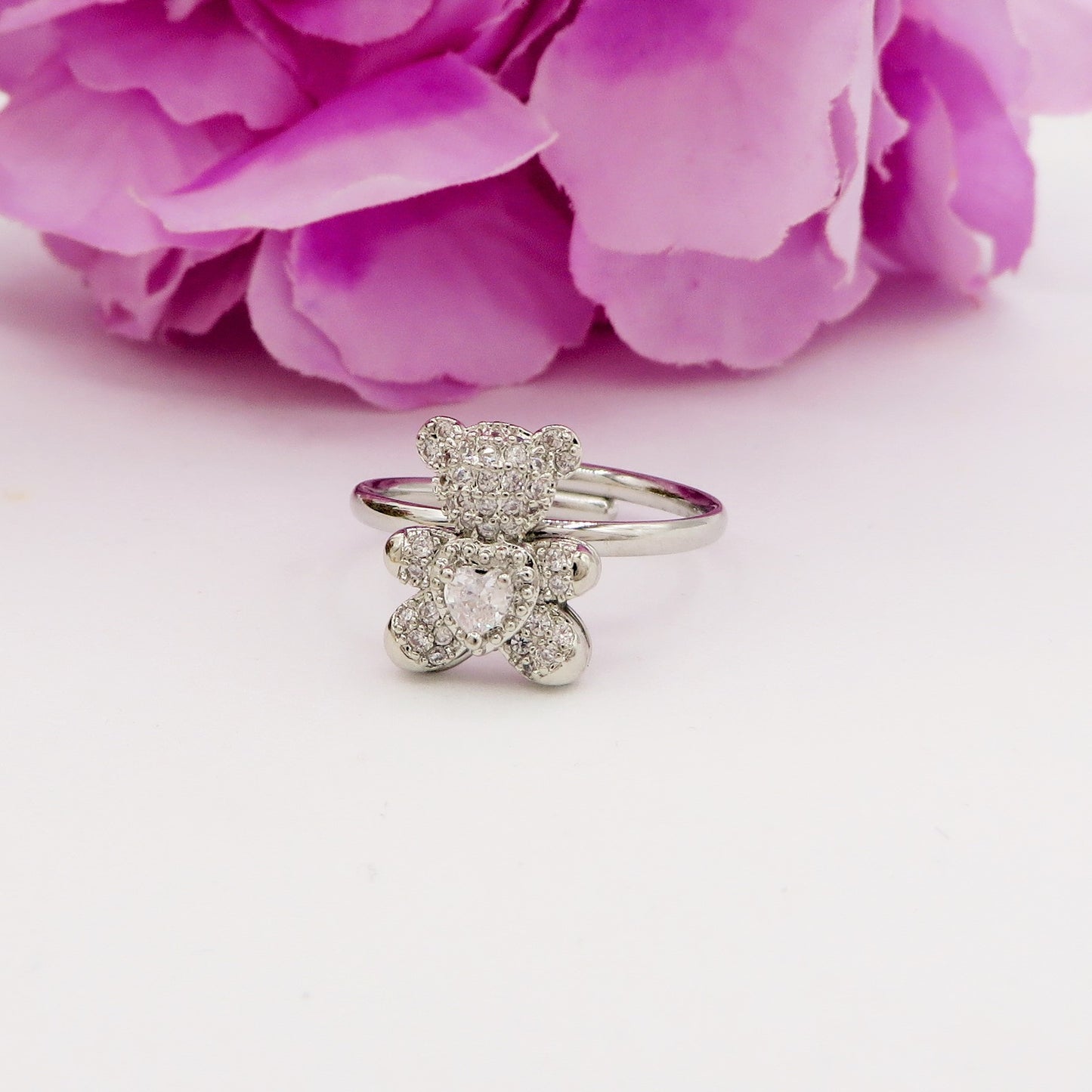 TEDDY CRYSTAL - Anello orsetto zirconato regolabile in ACCIAIO inossidabile con cubic zirconia