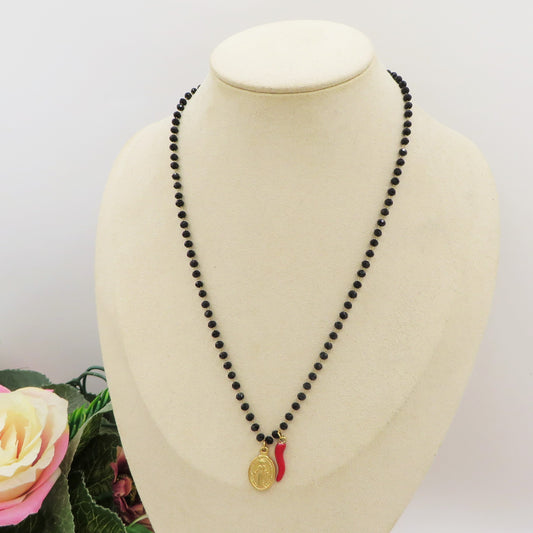 ROSARY + madonnina e cornetto ~ ACCIAIO INOSSIDABILE - Collana rosario in cristallo con cornetto rossi portafortuna e madonnina