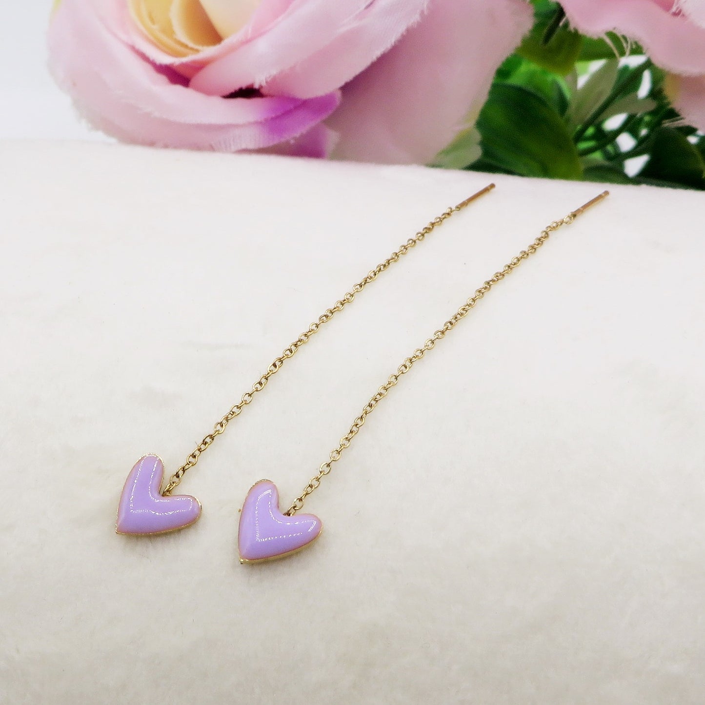 KIARA - Acciaio inossidabile ~ Orecchino filo pendenti cuore smaltato - Ear Threader - Saliscendi