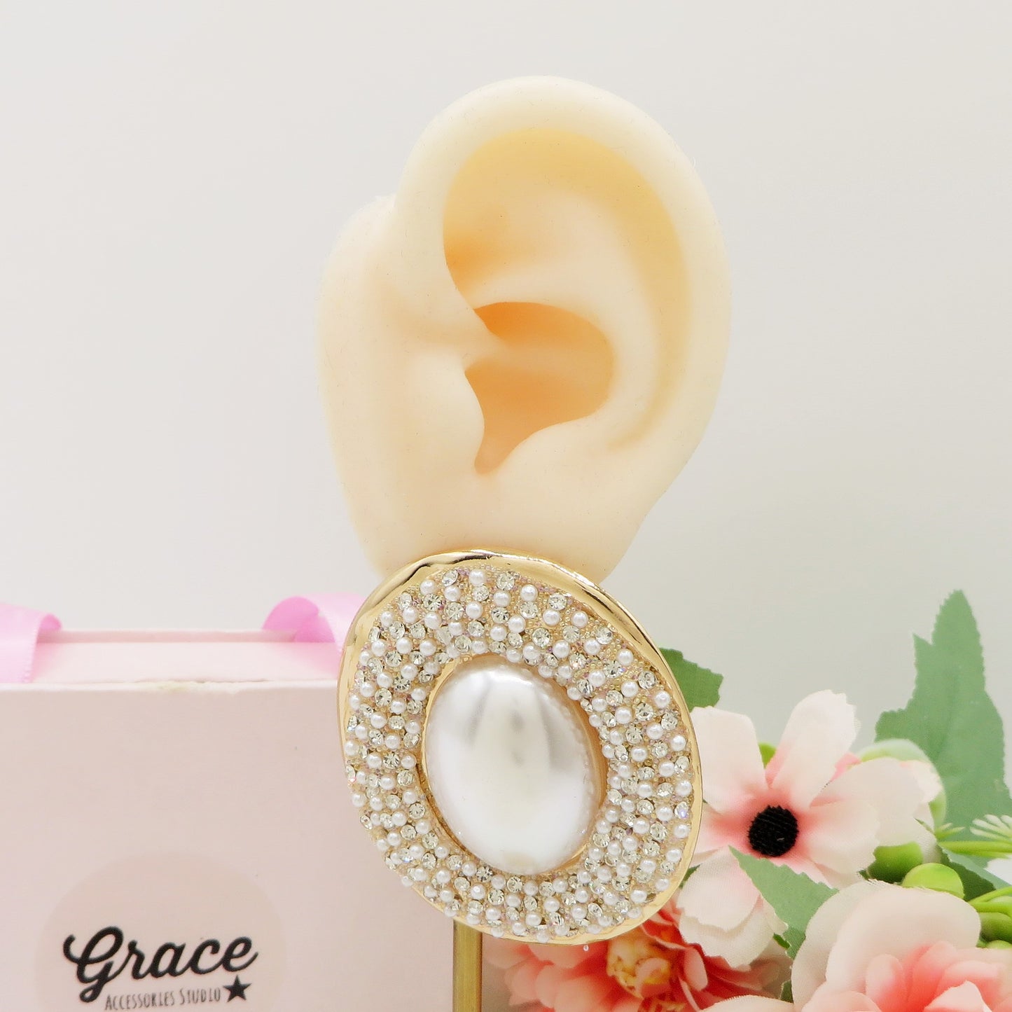 ELODIE - Orecchini bottone maxi perla ovale + Cubic Zirconia