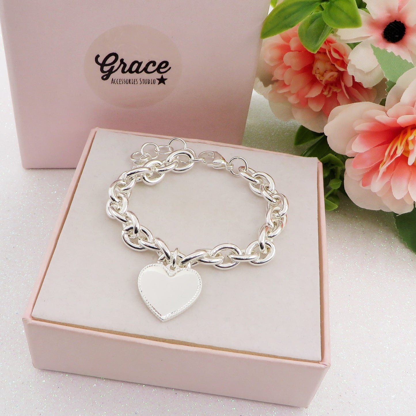 LIVIA Bagnato Argento ~ ACCIAIO INOSSIDABILE Bracciale con pendente cuore
