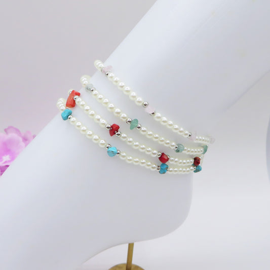 CHARUKA ~ Cavigliera perle + chips pietra naturale + ACCIAIO INOSSIDABILE