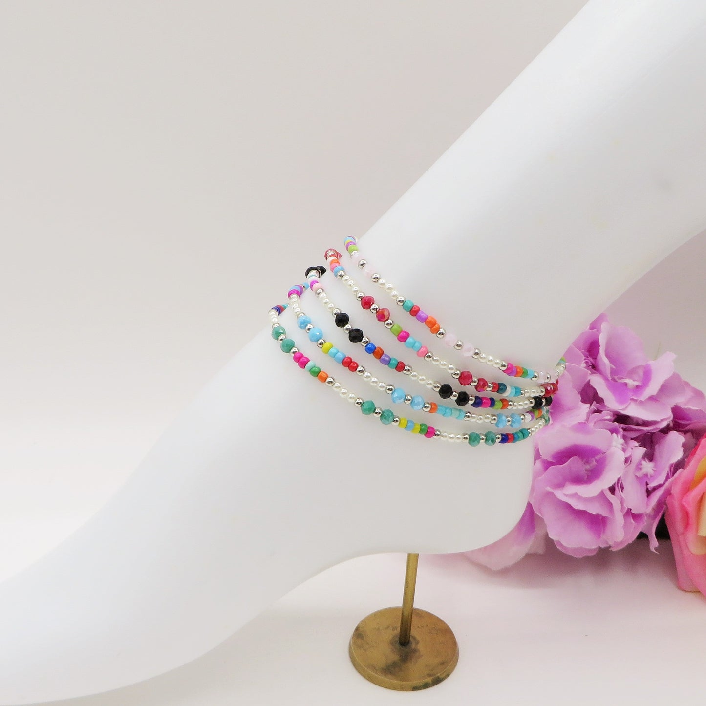 KERALA ~ Cavigliera rainbow perle + perline cristallo + ACCIAIO INOSSIDABILE