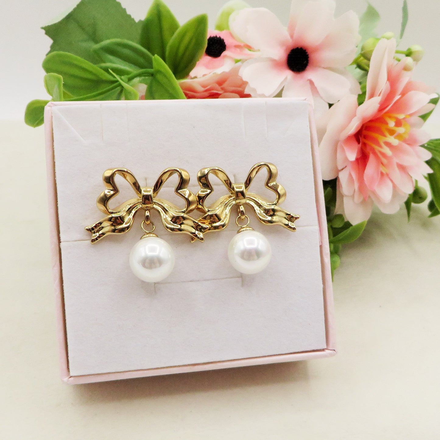 Royal Ribbon 🎀 Orecchini Pendenti ~ paio orecchini ACCIAIO INOSSIDABILE Perla + fiocco