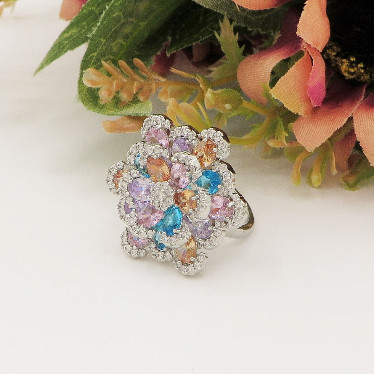 CAMELIA CRYSTAL RING - XL - Anello regolabile con fiore zirconato in Cubic Zirconia