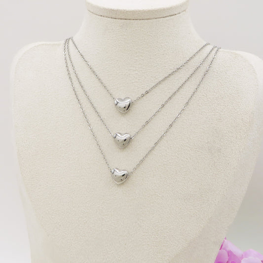 LOVE triple hearts ~ ACCIAIO INOSSIDABILE - Collana ciondoli cuori bombè