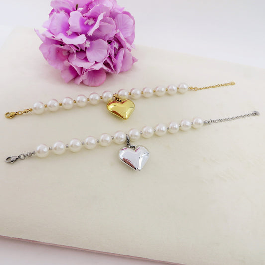 BIG LOVE Bracelet - Bracciale perle xl e cuore bombè ACCIAIO inossidabile