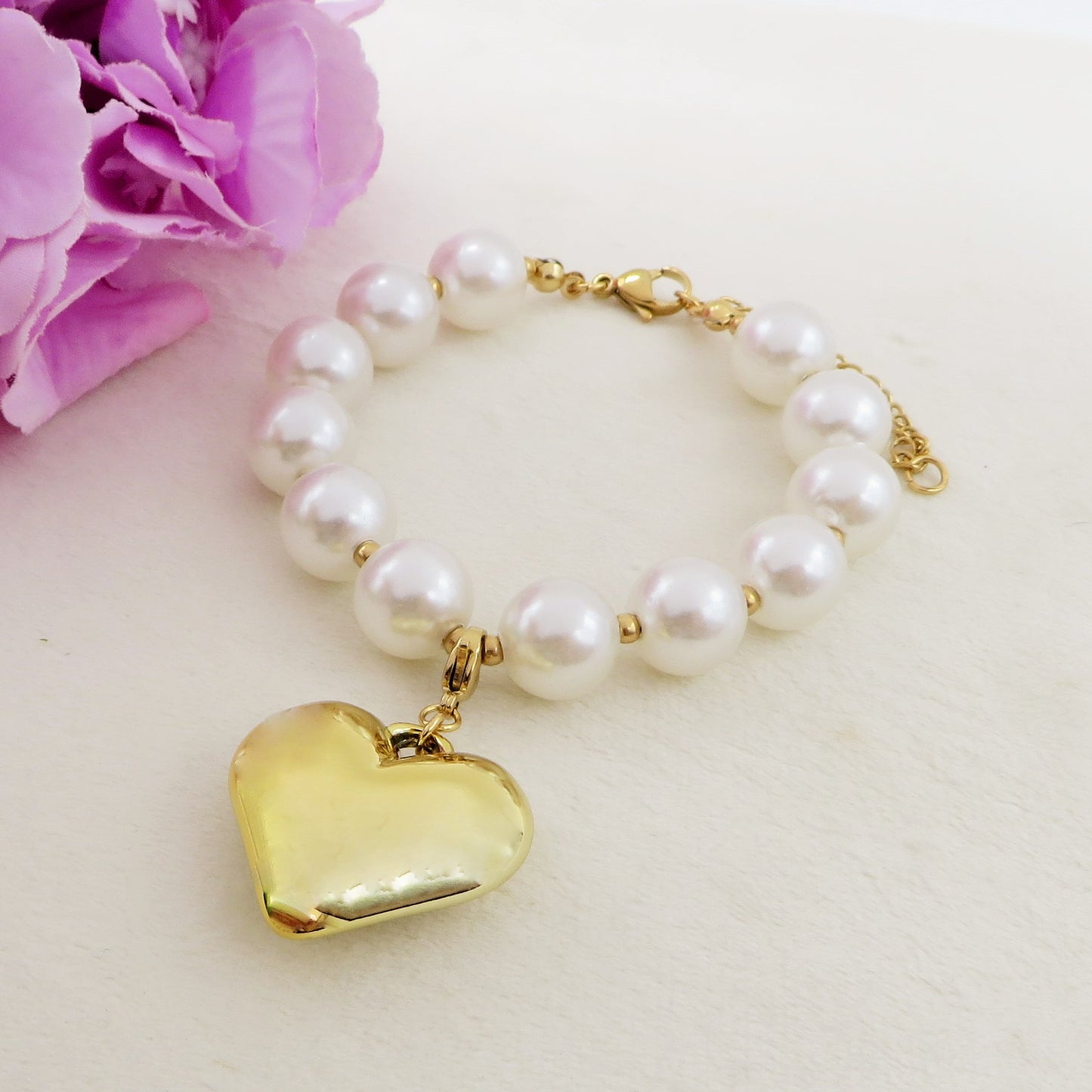 BIG LOVE Bracelet - Bracciale perle xl e cuore bombè ACCIAIO inossidabile