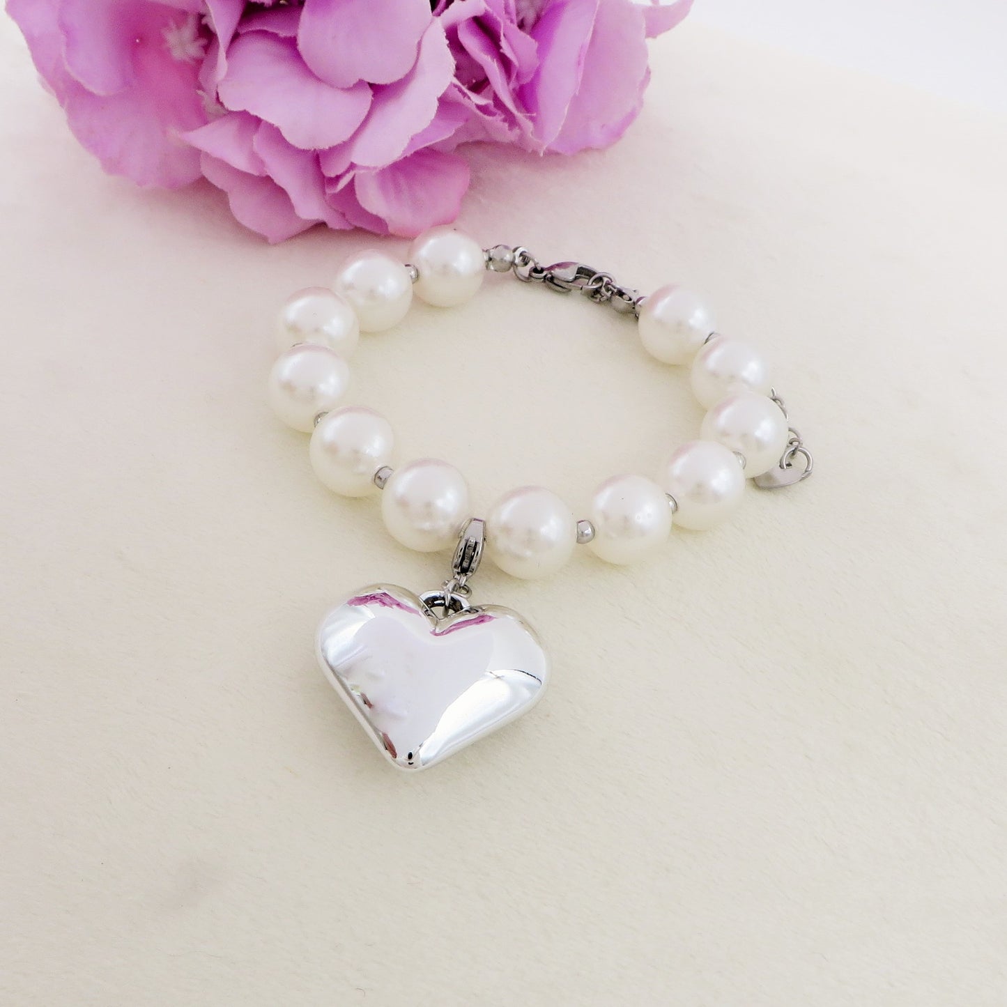 BIG LOVE Bracelet - Bracciale perle xl e cuore bombè ACCIAIO inossidabile