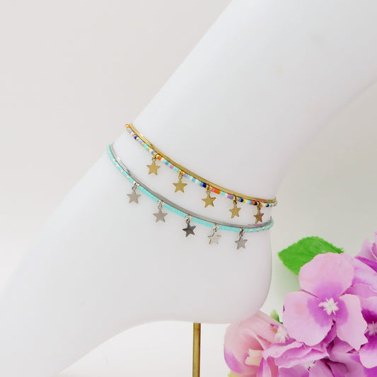 ZANTE stars ~ Cavigliera doppia in ACCIAIO INOSSIDABILE con perline e ciondoli