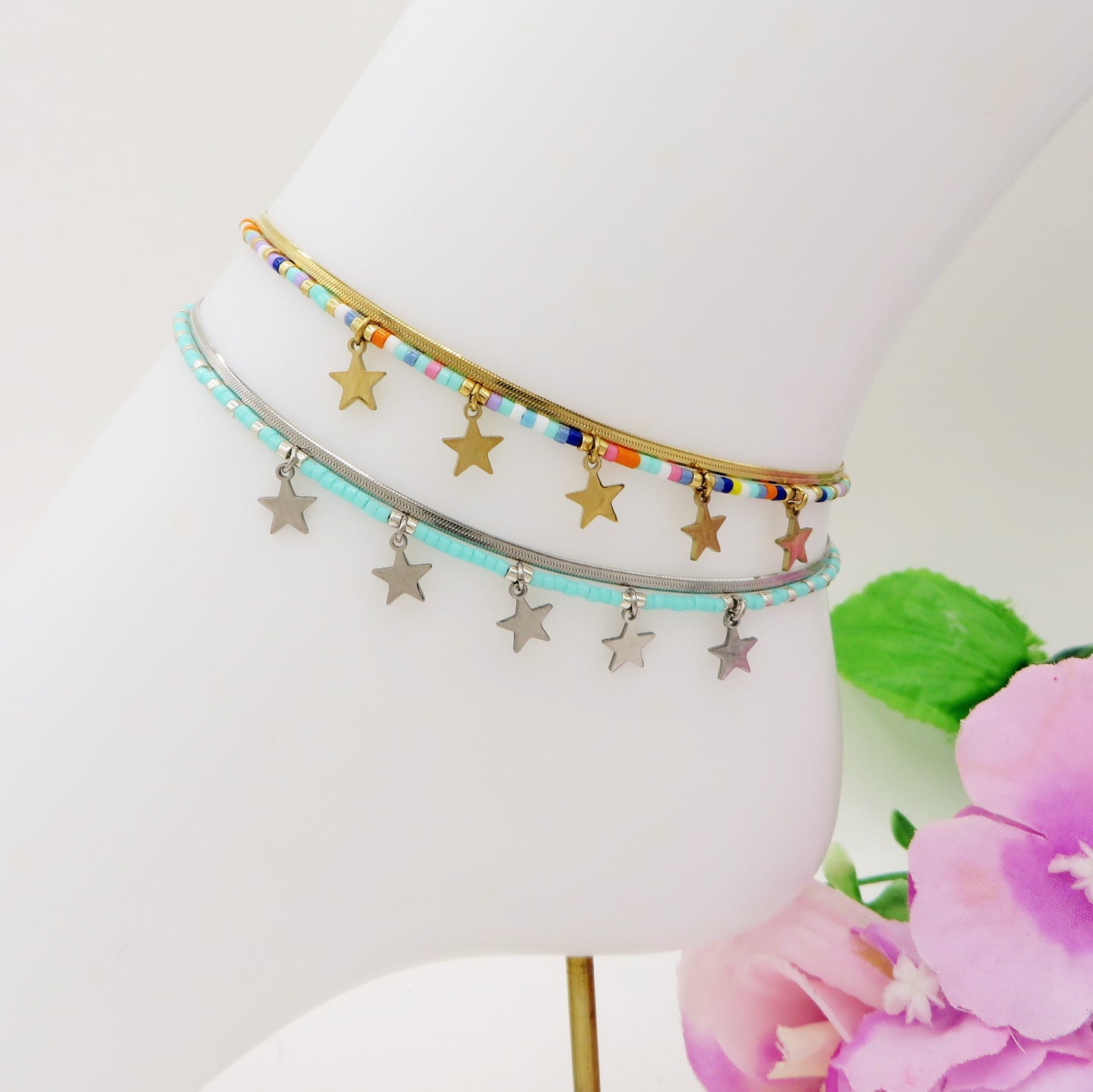 ZANTE stars ~ Cavigliera doppia in ACCIAIO INOSSIDABILE con perline e ciondoli