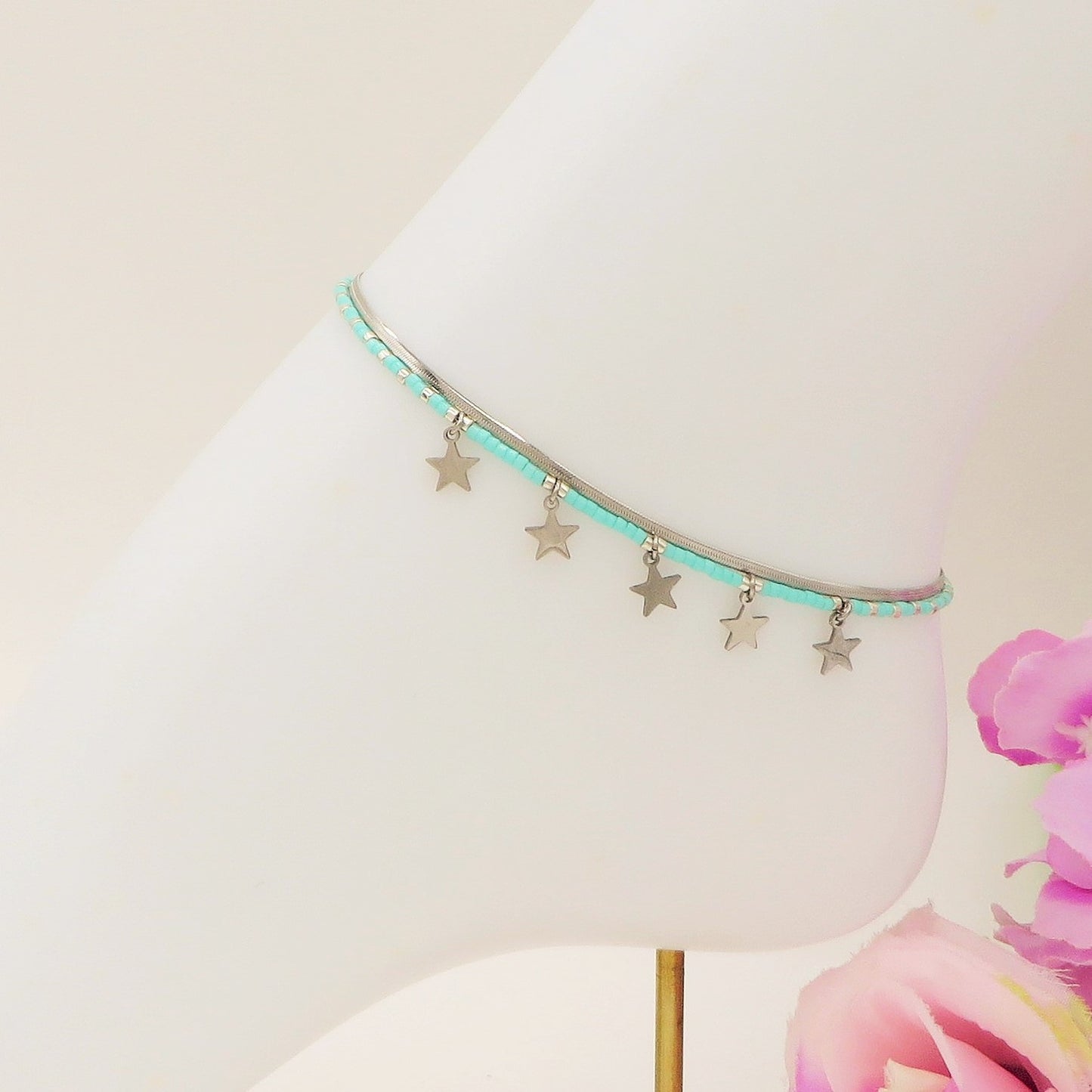ZANTE stars ~ Cavigliera doppia in ACCIAIO INOSSIDABILE con perline e ciondoli