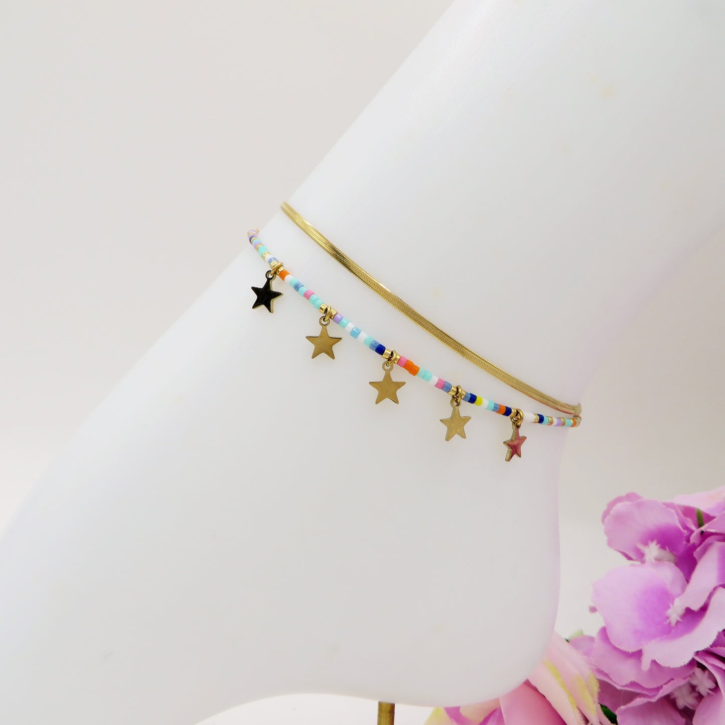 ZANTE stars ~ Cavigliera doppia in ACCIAIO INOSSIDABILE con perline e ciondoli