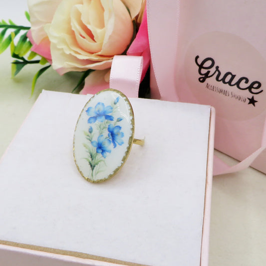 FLEUR D'AZUR 🌷 Anello regolabile con fiori non ti scordar di me vintage - Acciaio Inossidabile
