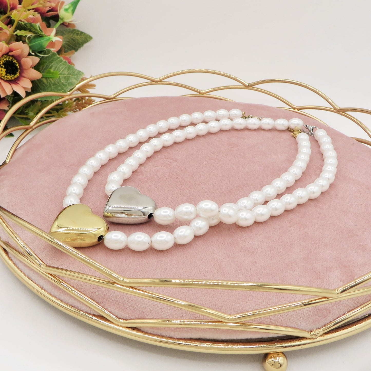 NANCY big heart - Collana perle con cuore in ACCIAIO INOSSIDABILE