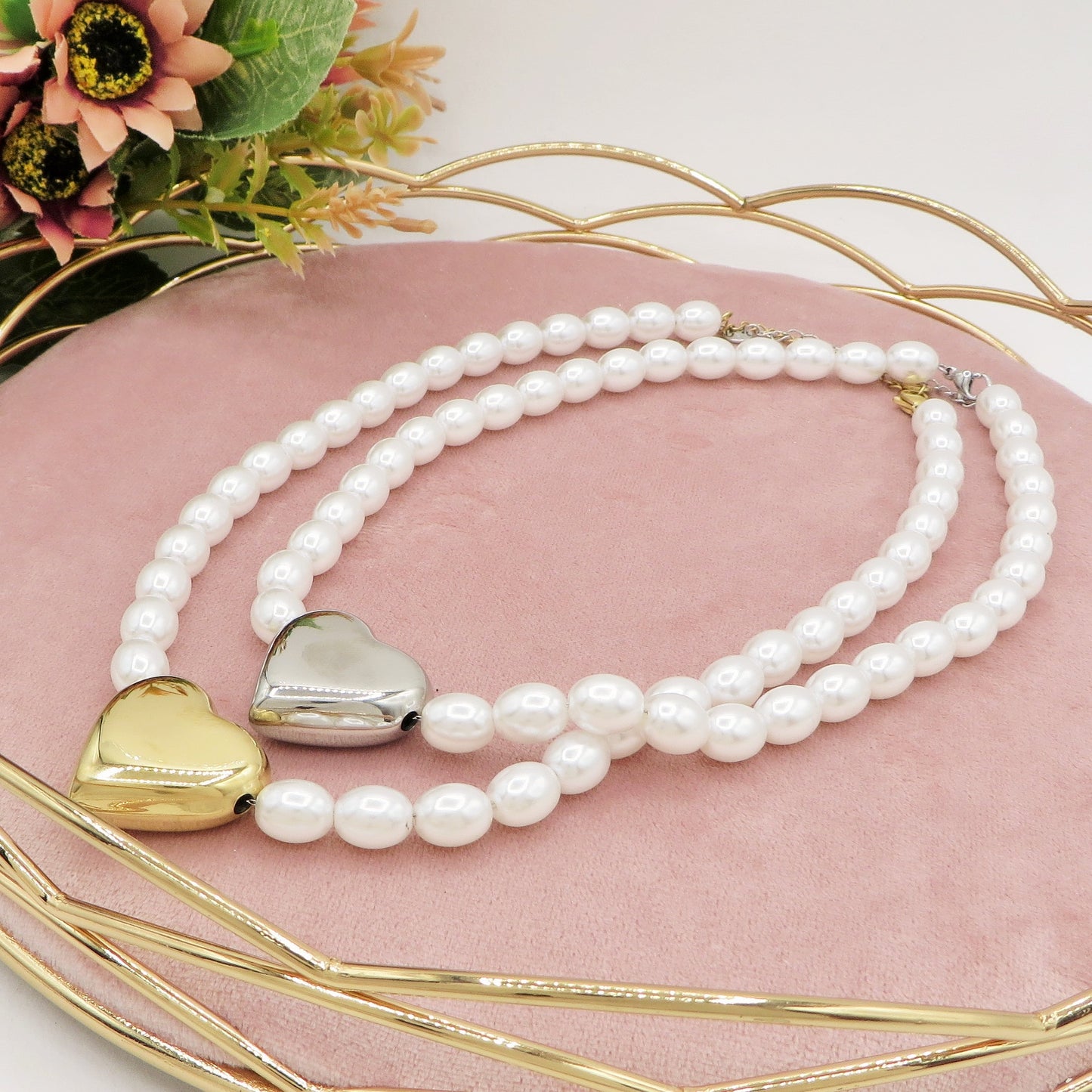 NANCY big heart - Collana perle con cuore in ACCIAIO INOSSIDABILE