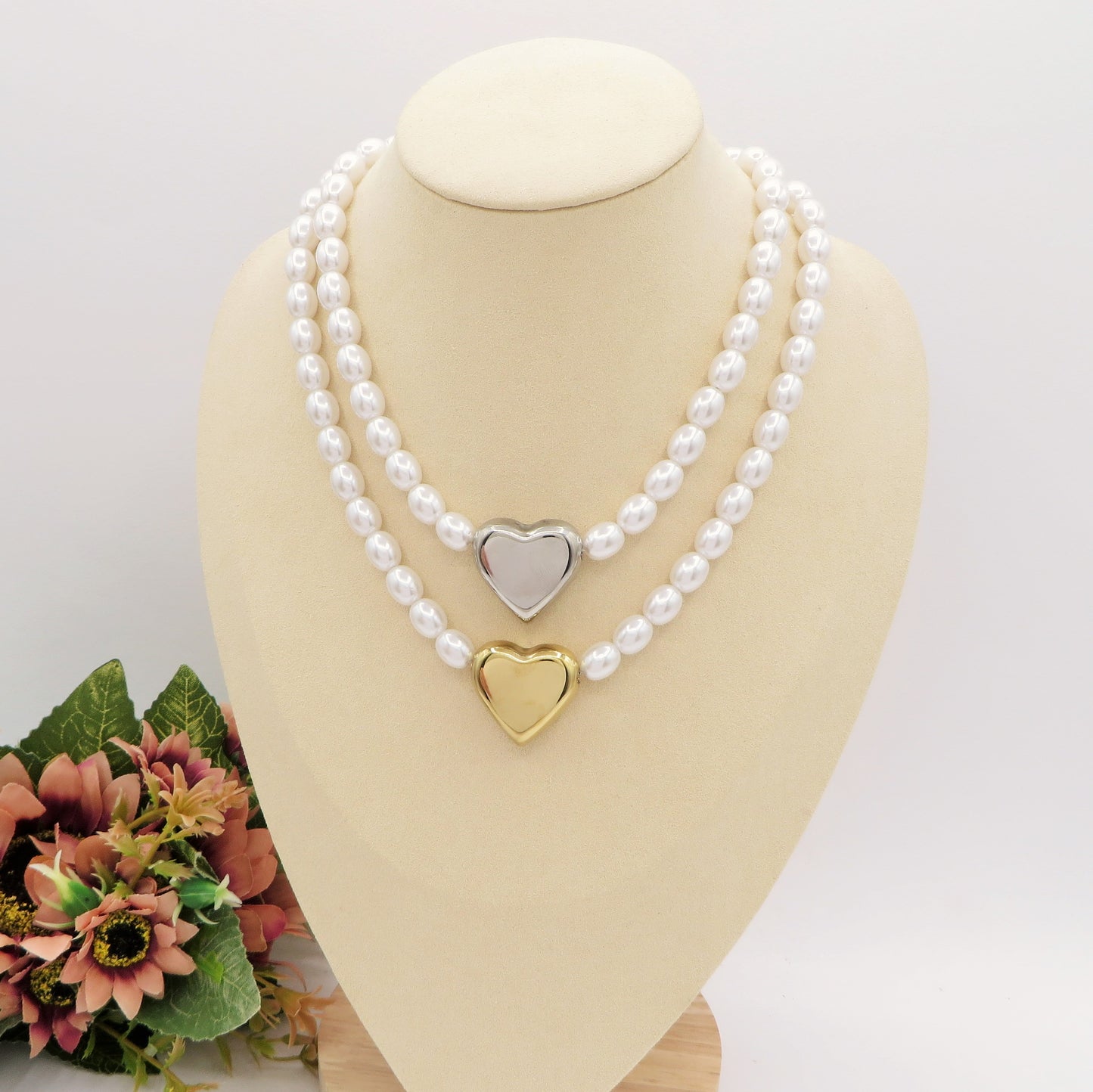 NANCY big heart - Collana perle con cuore in ACCIAIO INOSSIDABILE