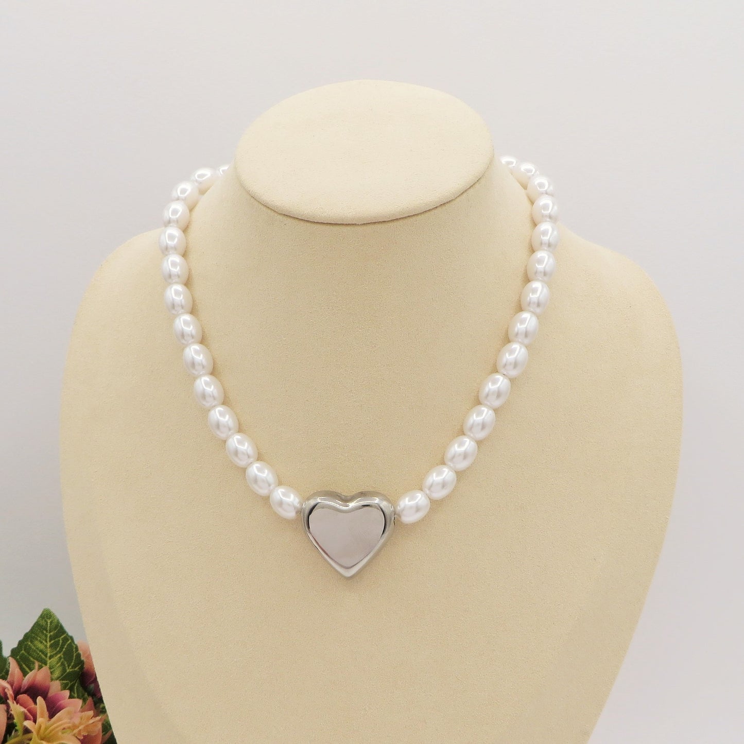 NANCY big heart - Collana perle con cuore in ACCIAIO INOSSIDABILE
