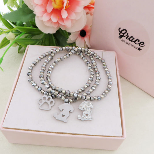 BEST FRIEND SET 3 BRACCIALI ~ ACCIAIO INOSSIDABILE- Bracciali elastici con ciondolo cane, zampa e CUBIC ZIRCONIA