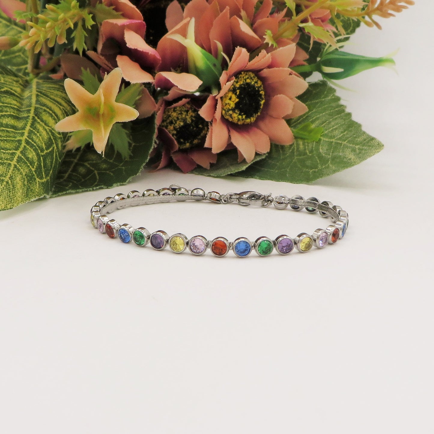 CINDY RAINBOW ~ ACCIAIO INOSSIDABILE - Bracciale tennis in cubic zirconia rotondi