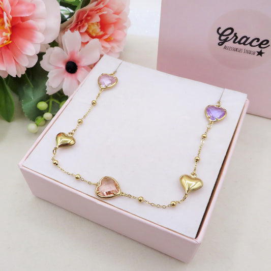 ROSALIE Collana girocollo con cuori bombè e in cubic zirconia IN ACCIAIO INOSSIDABILE