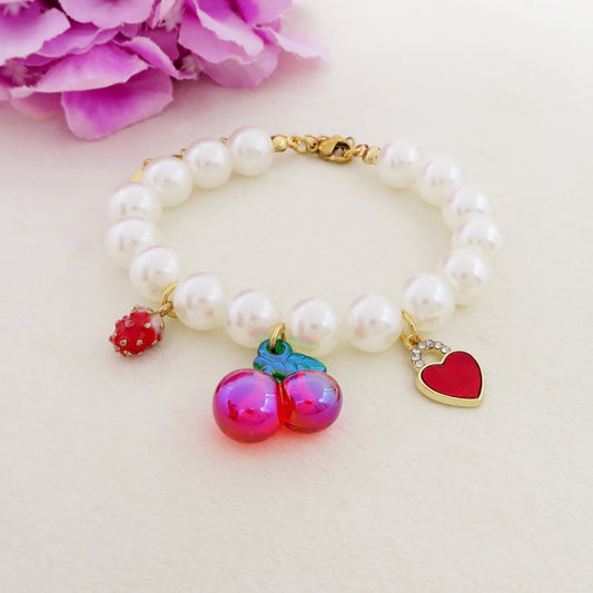 BIG CHERRY - ACCIAIO inossidabile - Bracciale perle e charms ciliegie - cuore - mix zirconati