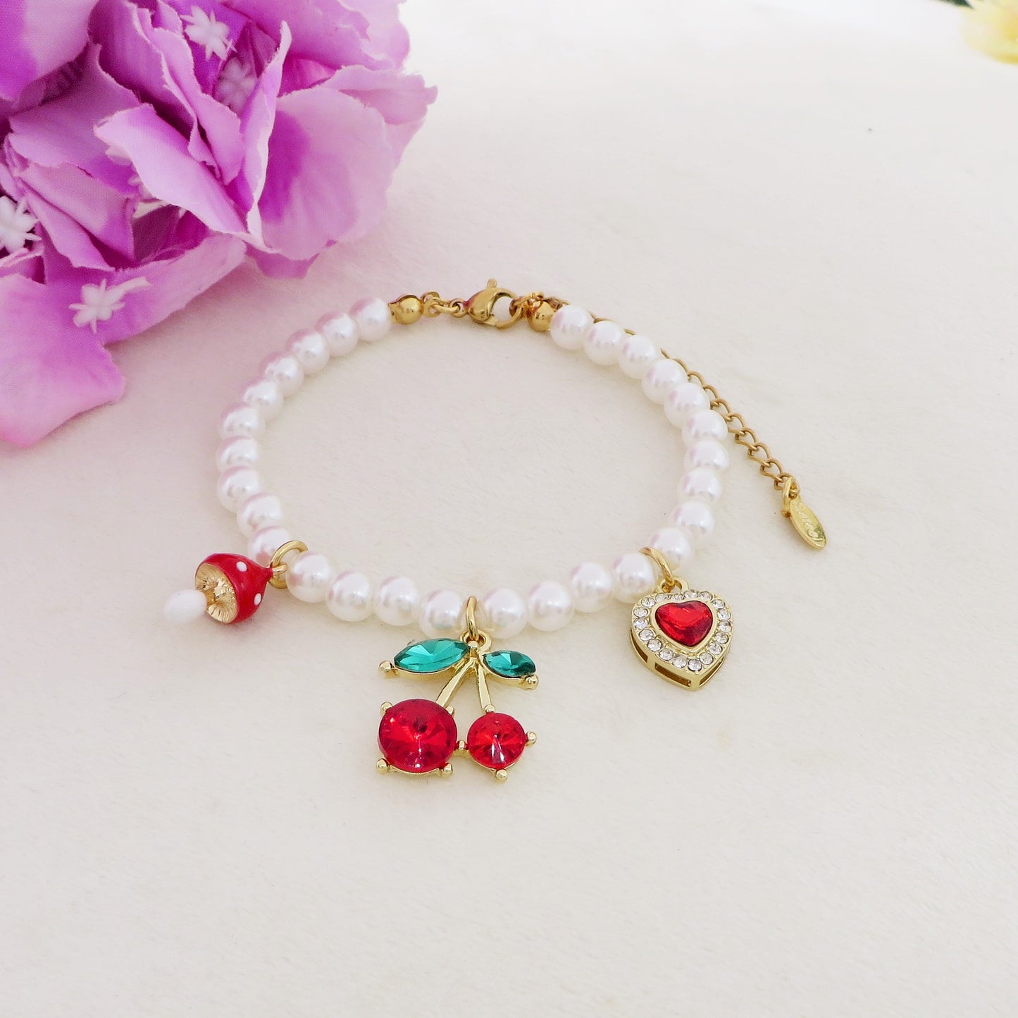 CHERRY HEART - ACCIAIO inossidabile - Bracciale perle e charms ciliegie - cuore - mix zirconati