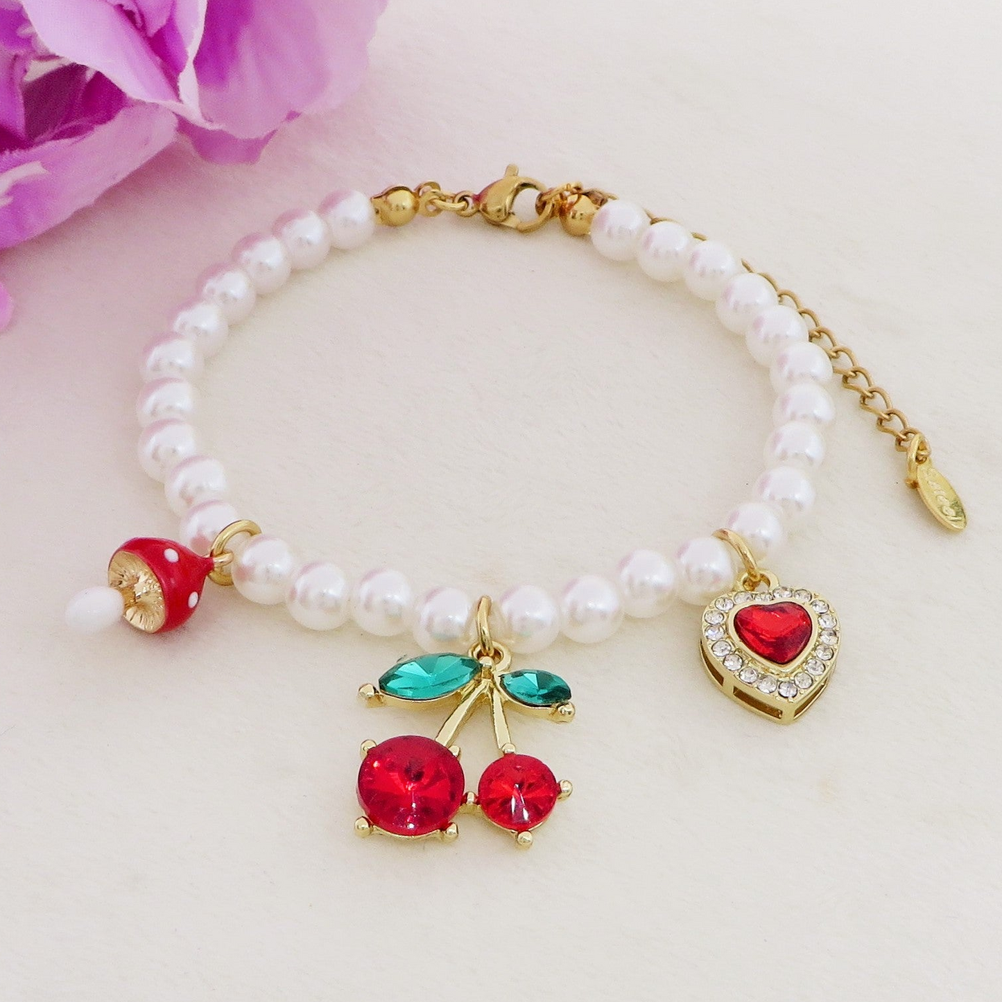 CHERRY HEART - ACCIAIO inossidabile - Bracciale perle e charms ciliegie - cuore - mix zirconati