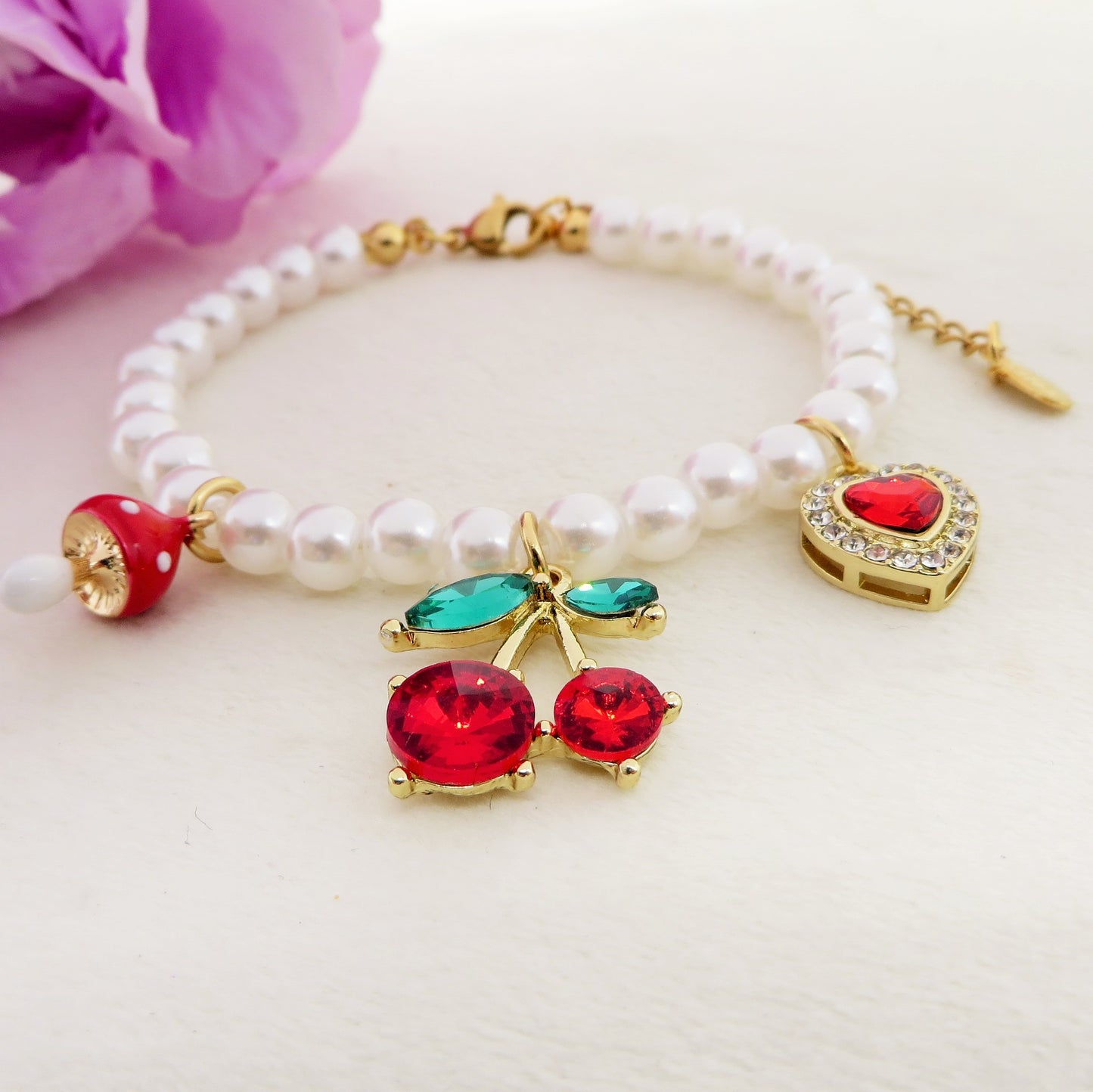CHERRY HEART - ACCIAIO inossidabile - Bracciale perle e charms ciliegie - cuore - mix zirconati
