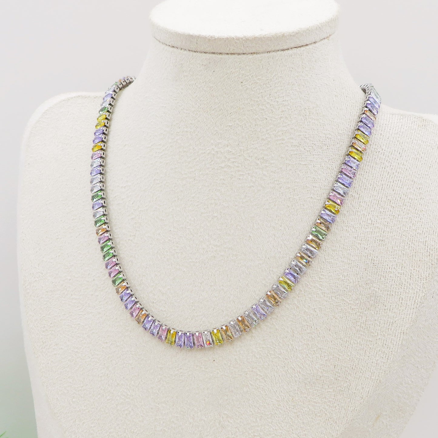 JULIANNE rainbow ~ ACCIAIO INOSSIDABILE- GIROCOLLO e BRACCIALE a scelta CON ZIRCONI taglio BAGUETTE