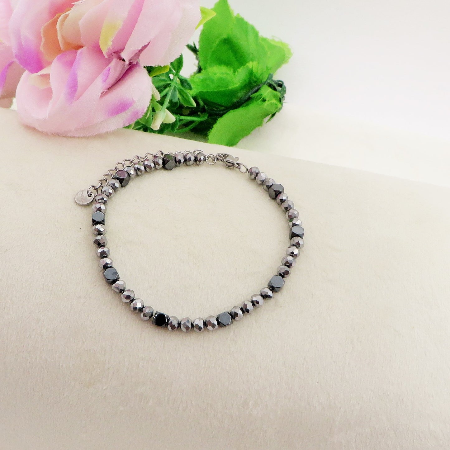 SVEIN - Bracciale uomo perle CRISTALLI ANTRACITE + ACCIAIO INOSSIDABILE