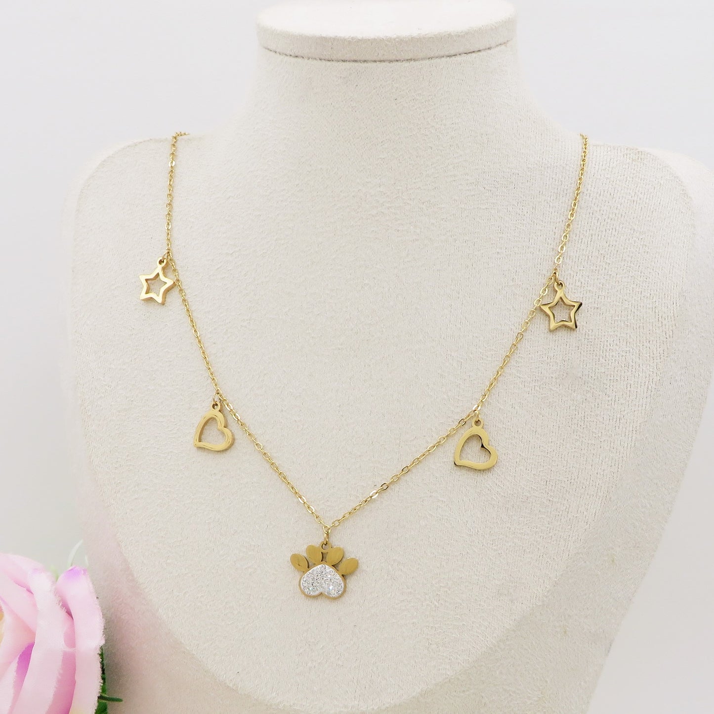 TARA - ACCIAIO INOSSIDABILE - Collana con pendenti ZAMPA cuori stelle in cubic zirconia