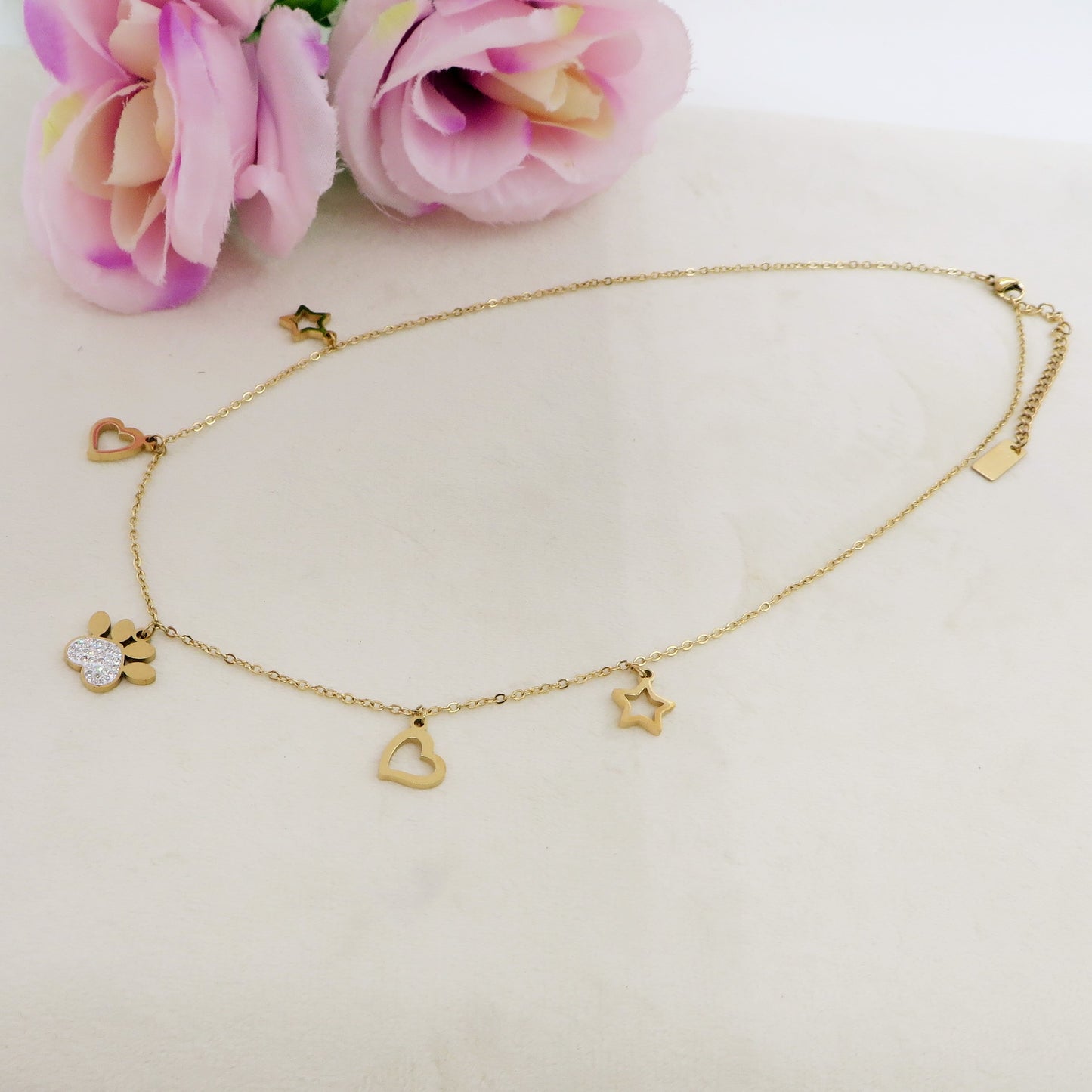 TARA - ACCIAIO INOSSIDABILE - Collana con pendenti ZAMPA cuori stelle in cubic zirconia