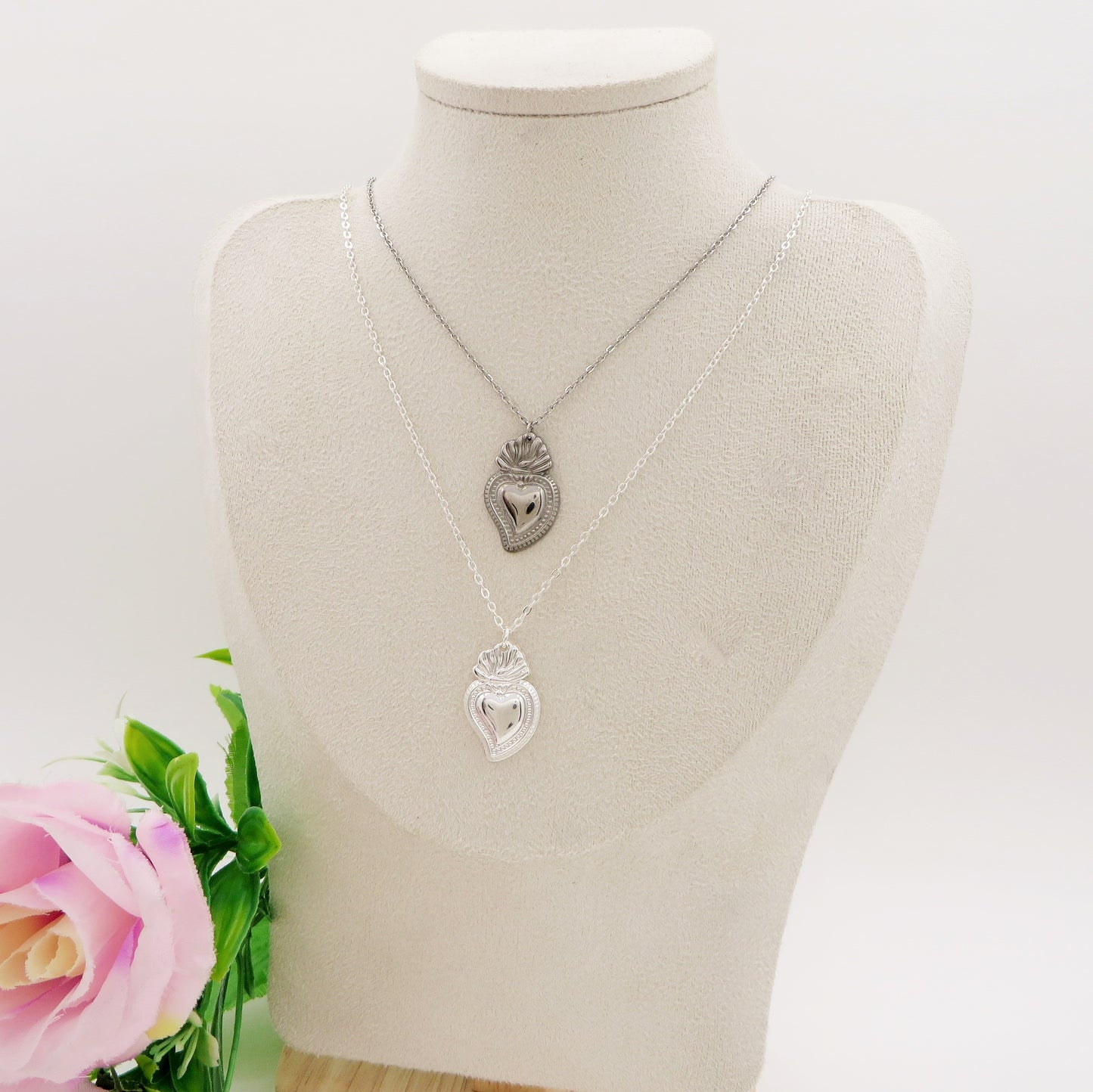 COLLANA SACRED BIG HEART Bagnato Argento ~ ACCIAIO INOSSIDABILE COLLANA con pendente cuore