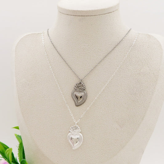 COLLANA SACRED BIG HEART Bagnato Argento ~ ACCIAIO INOSSIDABILE COLLANA con pendente cuore