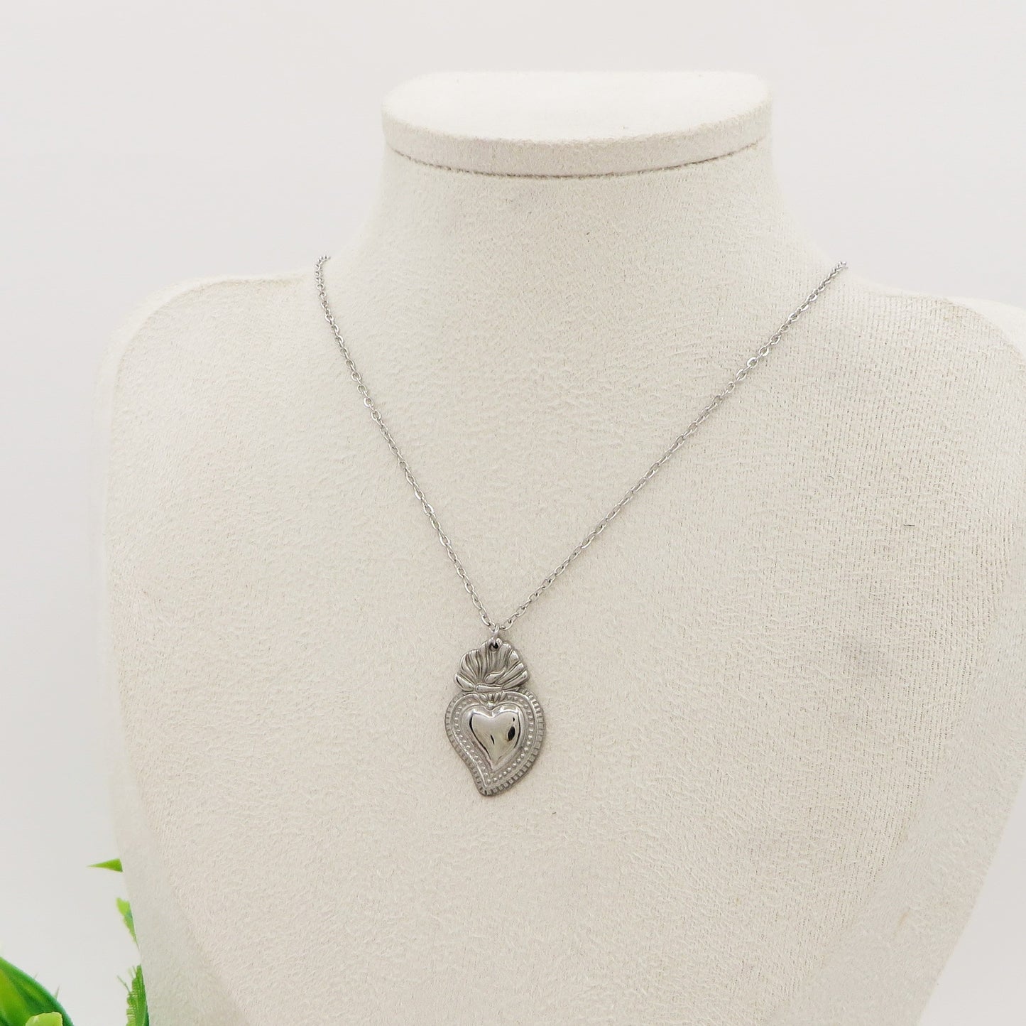COLLANA SACRED BIG HEART Bagnato Argento ~ ACCIAIO INOSSIDABILE COLLANA con pendente cuore