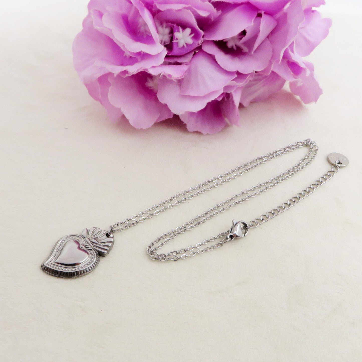COLLANA SACRED BIG HEART Bagnato Argento ~ ACCIAIO INOSSIDABILE COLLANA con pendente cuore