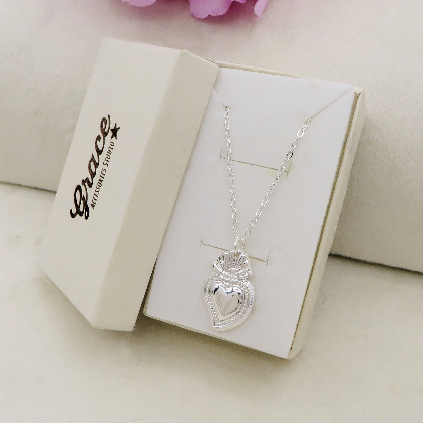 COLLANA SACRED BIG HEART Bagnato Argento ~ ACCIAIO INOSSIDABILE COLLANA con pendente cuore
