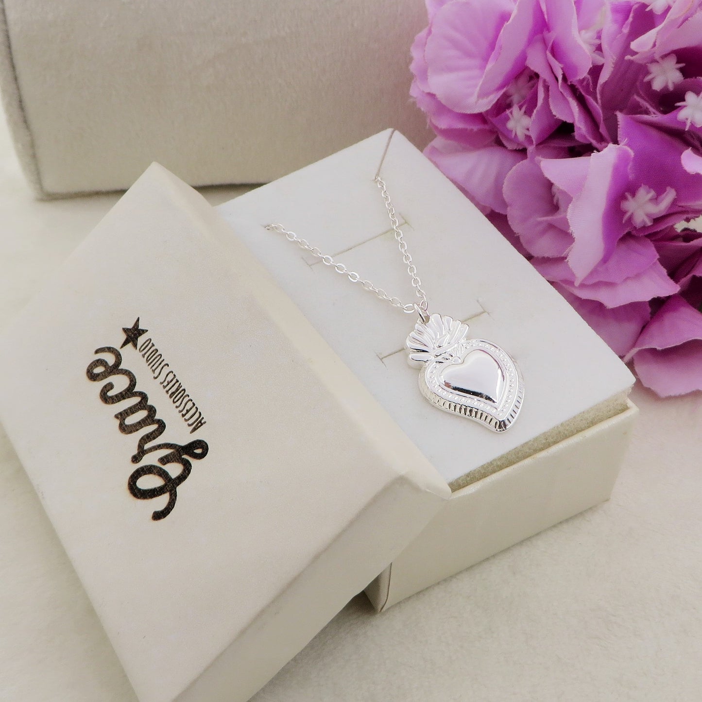 COLLANA SACRED BIG HEART Bagnato Argento ~ ACCIAIO INOSSIDABILE COLLANA con pendente cuore