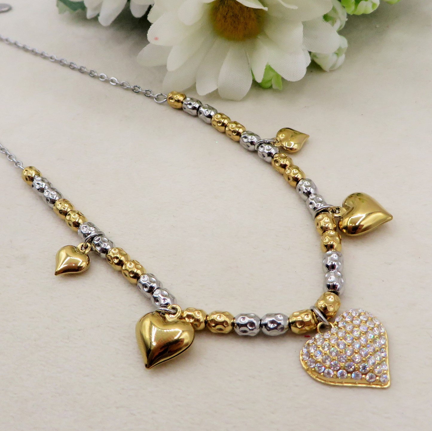 Lumière - Collana girocollo con cuori bombè in cubic zirconia IN ACCIAIO INOSSIDABILE chiamangeli