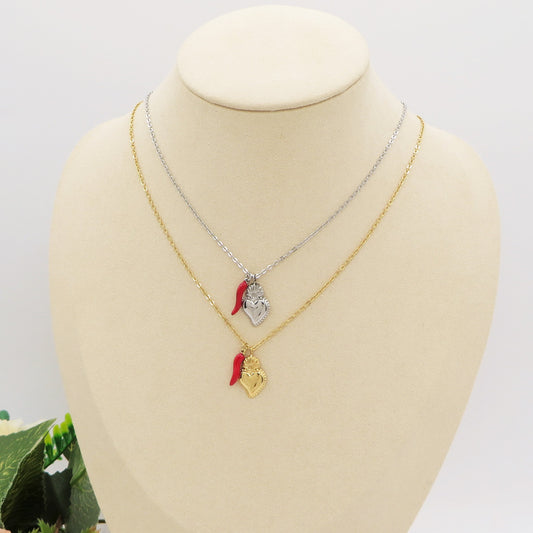 SACRED LUCKY ~ Collana charms cuore sacro e cornetto - ACCIAIO inossidabile