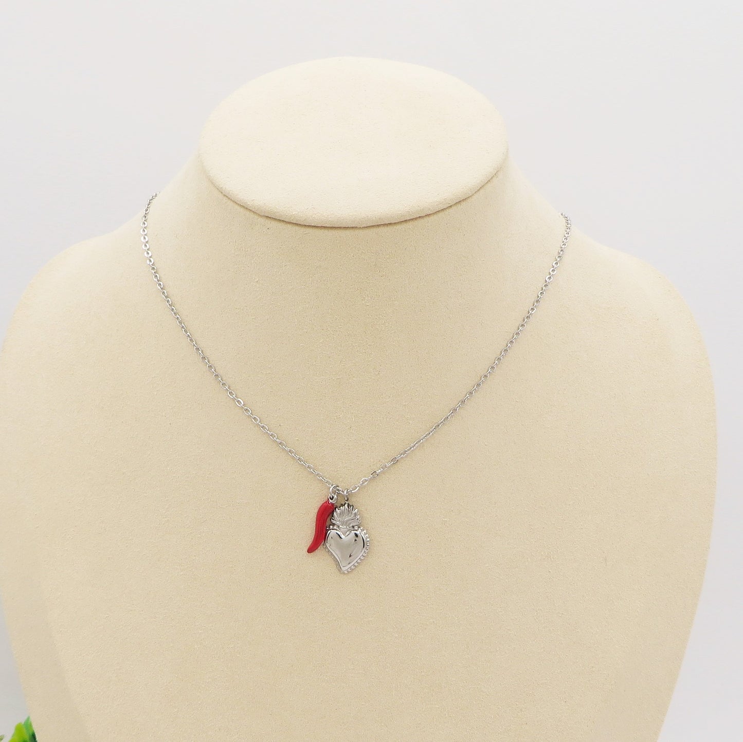 SACRED LUCKY ~ Collana charms cuore sacro e cornetto - ACCIAIO inossidabile